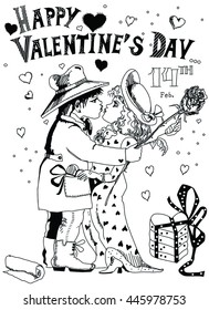 Greeting ?ard Happy Valentine's Day. Image of a boy kissing a girl and gives her a rose.