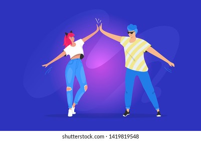 Greeting with a high five between two teenagers. Gradient vector illustration of two young friends standing together and greeting each other with a high five. Young modern people on blue background