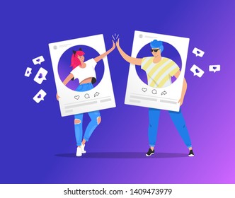 Greeting with a high five in social media between two teenage accounts. Gradient vector illustration of two young teenegers in social networks. People standing into photo cards with with a high five