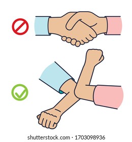 Greeting hit your elbow. Elbow bump. Safe greetings. Methods to prevent transmission of infection, virus, coronavirus, influenza. Vector illustration