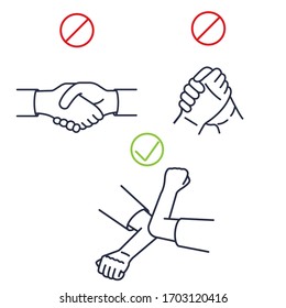 Greeting hit your elbow. Elbow bump. Safe greetings. Methods to prevent transmission of infection, virus, coronavirus, influenza. Vector illustration