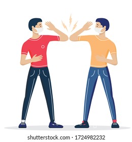Greeting hit your elbow. Elbow bump. Safe greetings. Methods to prevent transmission of infection, virus, coronavirus, influenza. Coronavirus epidemic protective equipment. No handsh. Flat vector