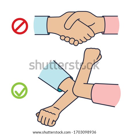 Greeting hit your elbow. Elbow bump. Safe greetings. Methods to prevent transmission of infection, virus, coronavirus, influenza. Vector illustration
