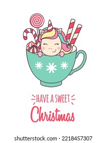 Greeting holiday card with cute Unicorn in cup with lollipops and candy cane for Merry Christmas and New Year design isolated on white background. Vector illustration.