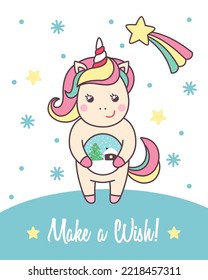 Greeting holiday card with cute Unicorn with glass snow globe for Merry Christmas and New Year design. Vector illustration.