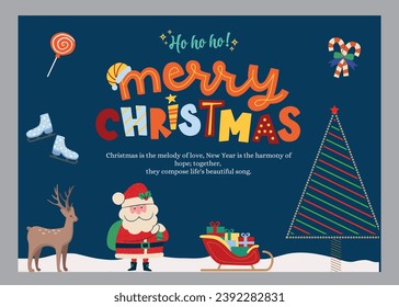 Greeting holiday card. Merry Christmas and Happy New Year, Happy Christmas companions, Christmas and New Year Typographical on shiny Xmas background with winter landscape with snowflakes, light, stars