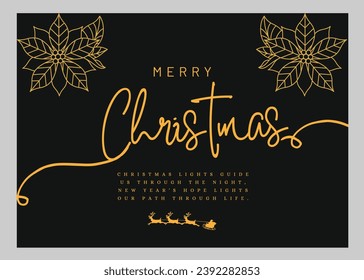 Greeting holiday card. Merry Christmas and Happy New Year, Happy Christmas companions, Christmas and New Year Typographical on shiny Xmas background with winter landscape with snowflakes, light, stars