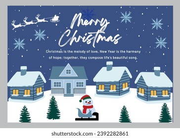 Greeting holiday card. Merry Christmas and Happy New Year, Happy Christmas companions, Christmas and New Year Typographical on shiny Xmas background with winter landscape with snowflakes, light, stars