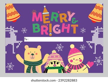 Greeting holiday card. Merry Christmas and Happy New Year, Happy Christmas companions, Christmas and New Year Typographical on shiny Xmas background with winter landscape with snowflakes, light, stars