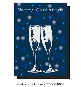 
Greeting holiday card template vector illustration two glasses of champagne on blue background with bokeh effect and glitter