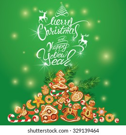 Greeting holiday Card of xmas gingerbread - cookies in angel, star, house, horse, reindeer and fir-tree branches. Hand written calligraphic text Merry Christmas and Happy New Year on green background.