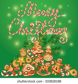 Greeting holiday Card of xmas gingerbread - cookies in angel, star, house, horse, reindeer and fir-tree branches. Hand written candy calligraphic text Merry Christmas on green background.