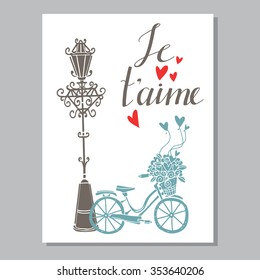 Greeting holiday valentines day card. Hand drawn text je t'aime, hearts, bike, basket with flowers, street lamp icons, silhouettes isolated on white background