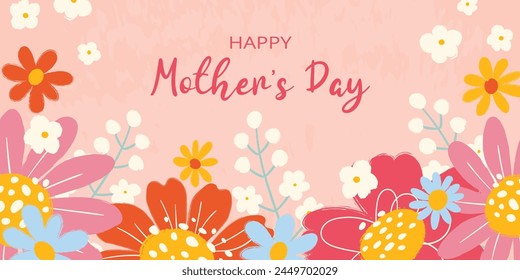 Greeting horizontal background with grunge textured hand drawn flowers, scribbles and typography on pink background for Happy Mother's Day. Trendy template for poster, banner, invitation, social media