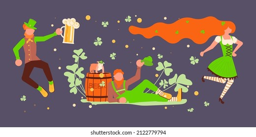 Greeting horizontal banners of Saint Patrick's Day. Cute leprechauns holding mugs of beer and dancing. Flat Art Vector illustration