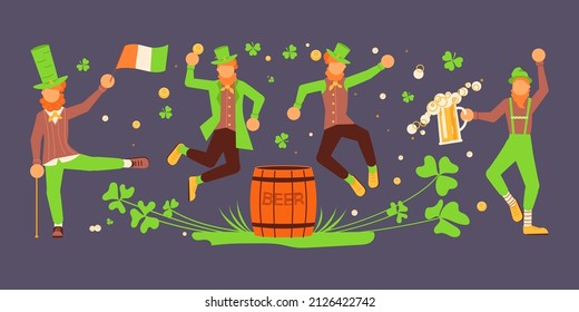 Greeting horizontal banners of Saint Patrick's Day. Cute leprechauns holding mugs of beer and dancing. Flat Art Vector illustration