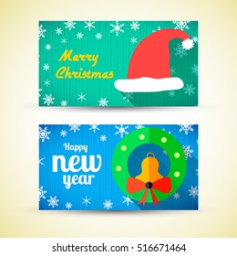 Greeting horizontal banners with Santa Claus hat jingle bell bow and snow in flat style vector illustration