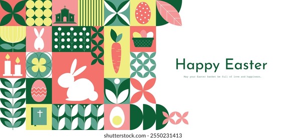 Greeting horizontal geometric Easter card. Happy Easter modern abstract mosaic poster, card, banner. Vector illustration
