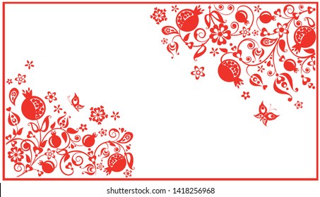 Greeting horizontal visiting card with floral ethnic red decorative pattern with abstract pomegranate tree, fruit, flowers, paisley and butterfly