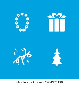 Greeting icon. collection of 4 greeting filled icons such as present, christmas tree, confetti. editable greeting icons for web and mobile.
