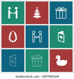 Greeting icon. collection of 9 greeting filled and outline icons such as duck, garland, love card, shaking hands, present. editable greeting icons for web and mobile.