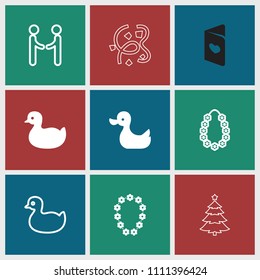 Greeting icon. collection of 9 greeting filled and outline icons such as duck, garland, shaking hands, love card, christmas tree. editable greeting icons for web and mobile.