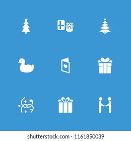 Greeting icon. collection of 9 greeting filled icons such as duck, gift, present, christmas tree, love card, shaking hands. editable greeting icons for web and mobile.