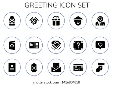 greeting icon set. 15 filled greeting icons.  Collection Of - Leprechaun, Postcard, Handshake, Gift box, Chinese, Surprise, Love, Invitation, Lantern, Nougat, Christmas sock