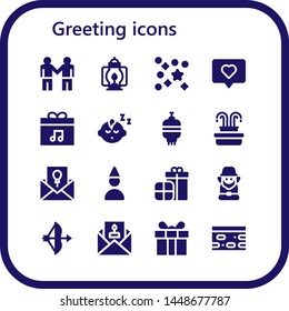 greeting icon set. 16 filled greeting icons.  Simple modern icons about  - Deal, Lantern, Confetti, Love, Present, Baby boy, Fountain, Invitation, Birthday boy, Presents, Leprechaun