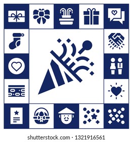 greeting icon set. 17 filled greeting icons.  Simple modern icons about  - Present, Christmas sock, Love, Confetti, Nougat, Handshake, Partners, Invitation, Bow, Easter egg, Fountain
