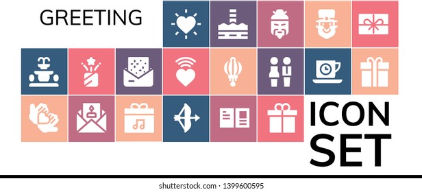 greeting icon set. 19 filled greeting icons.  Collection Of - Love, Fountain, Invitation, Present, Bow, Postcard, Confetti, Lantern, Partners, Tea time, Gift box, North pole, Chinese