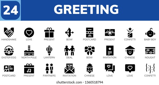 greeting icon set. 24 filled greeting icons.  Collection Of - Handshake, Love, Present, Bow, Postcard, Confetti, Baby boy, Easter egg, North pole, Lantern, Deal, Invitation, Chinese