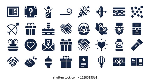 greeting icon set. 32 filled greeting icons. on blue background style Collection Of - Postcard, Bow, Fountain, Handshake, Surprise, Gift box, Love, Baby boy, Confetti, North pole