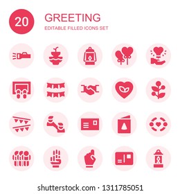 greeting icon set. Collection of 20 filled greeting icons included Lantern, Fountain, Heart balloon, Hand, Doormat, Garland, Handshake, Love, Holly, Garlands, Friendship, Postcard