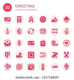 greeting icon set. Collection of 30 filled greeting icons included Postcard, Invitation, Hand, Love, Lantern, Friendship, Garlands, Dreamcatcher, Belts candy, Confetti, Vignette