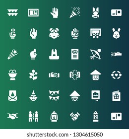 greeting icon set. Collection of 36 filled greeting icons included Postcard, Lantern, Handshake, Friendship, Invitation, Chinese, Garlands, Birthday boy, Birthday card, Greeting