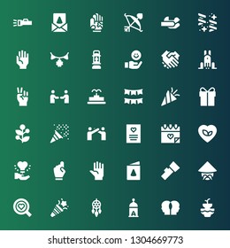 greeting icon set. Collection of 36 filled greeting icons included Fountain, Relationship, Lantern, Dreamcatcher, Confetti, Love, Chinese, Birthday card, Hand, Greeting card, Holly