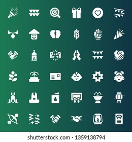 greeting icon set. Collection of 36 filled greeting icons included Invitation, Lantern, Handshake, Confetti, Cupid, Fountain, Doormat, Birthday card, Rabbit, Chinese, Love, Baby boy