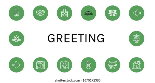 greeting icon set. Collection of Hand, Love, Sweater, Flower crown, Garland, Bow, Valentines day, Heart, Floral design, Fountain icons