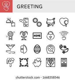 greeting icon set. Collection of Heart, Hand, Love, Cracker, Fountain, Doormat, Chocolate egg, Easter egg, Baby boy, Floral design, Bow icons