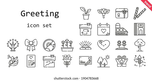 conjunto de iconos de saludo. estilo de icono de línea. íconos relacionados con el saludo como tarjeta de regalo, árbol, día de boda, cinta, ramo, fuegos artificiales, hoja, casa, decoración, corazón, flor, oro, tulipanes, divisor, postal