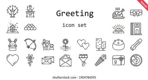 conjunto de iconos de saludo. estilo de icono de línea. íconos relacionados con el saludo, como confetti, padre e hijo, tarjeta de regalo, grande, garter, árbol, ramo, nieve, arco, corazón, flor, flauta, oro, bola, divisor, torta