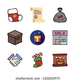 greeting icon set. vector set about box, gift bag, gift and peace treaty icons set.