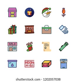 greeting icon set. vector set about lantern, gift card, box and christmas sock icons set.