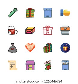 greeting icon set. vector set about christmas present, christmas sock, hand shake and lantern icons set.