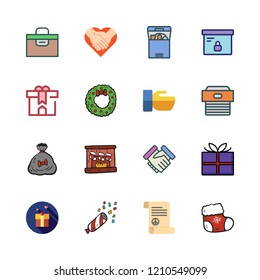 greeting icon set. vector set about christmas sock, box, hand shake and christmas wreath icons set.