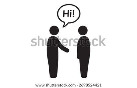 Greeting Icon Silhouette – Two Human Figures with Speech Bubble Saying Hi for Social Interaction and Communication