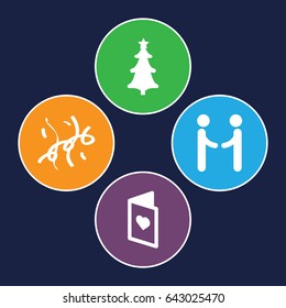Greeting icons set. set of 4 greeting filled icons such as christmas tree, confetti, love card