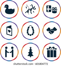 greeting icons set. Set of 9 greeting filled icons such as duck, present, christmas tree, confetti, garland, love card, handshake, shaking hands