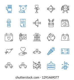 greeting icons set. Collection of greeting with rabbit, just married, garland, love birds, postcard, confetti, love, cupid, wedding day. Editable and scalable greeting icons.